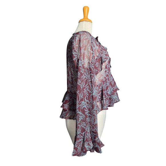Olivaceous Maroon Fairy Grunge Floral Ruffled Bell Sleeve Blouse Women's M - Picture 7 of 10